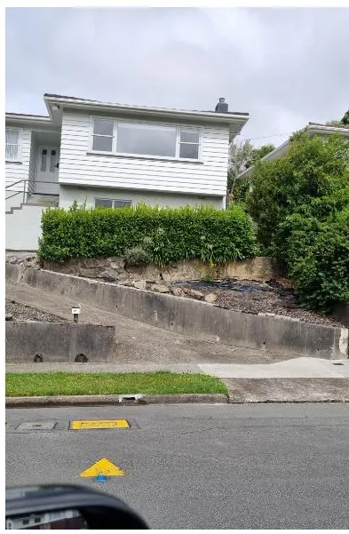Front hedge and garden bed overgrown in front of a white weatherboard house, Wellington