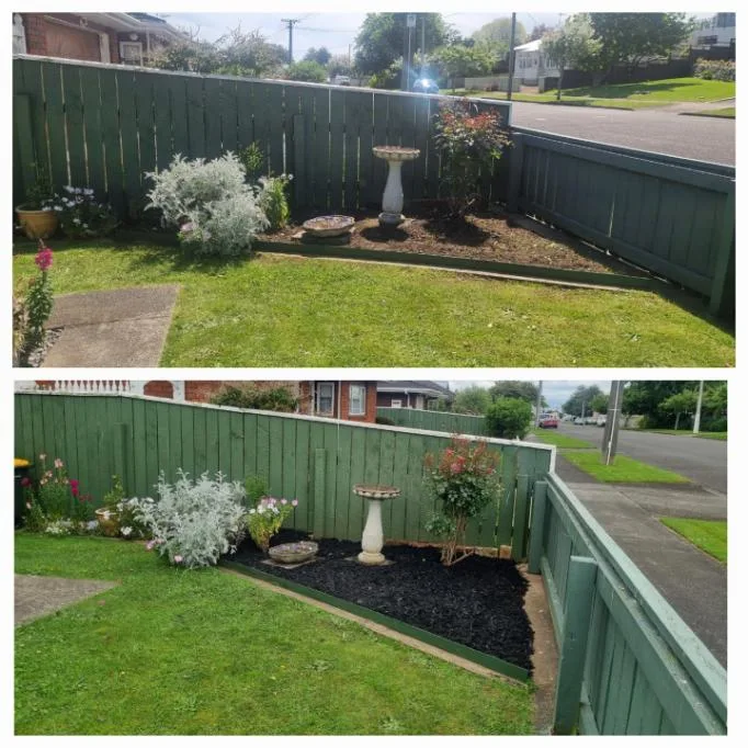 Garden bed before and after weeding and fresh black mulch beside a green fence in Tawa